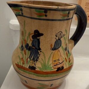 Vintage Handcrafted Ceramic Pitcher with Folk Art Design